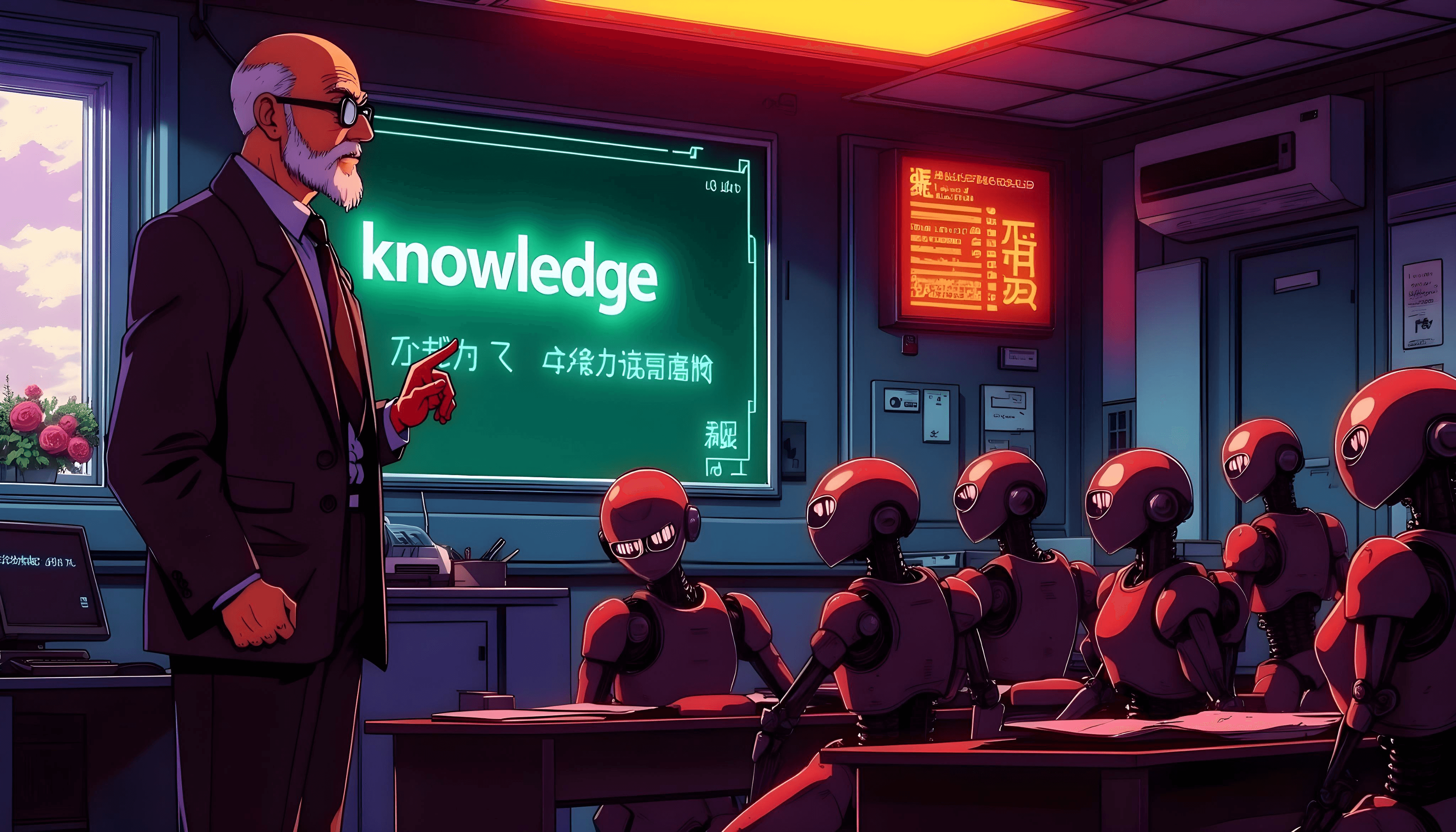 An old human teacher is teaching a classroom full of AI robots new knowledge