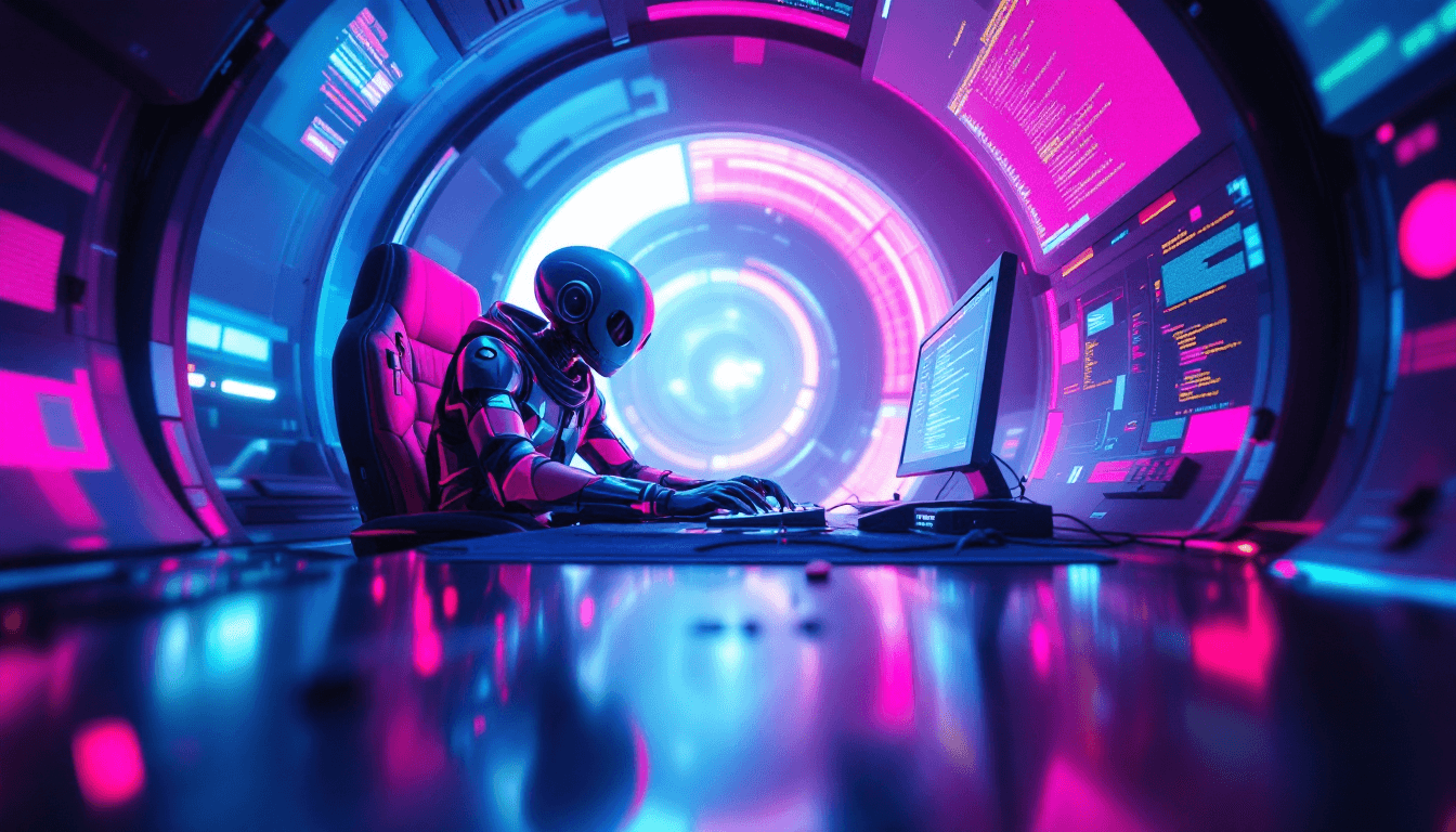 an alien inside of a spaceship, writing code on his computer