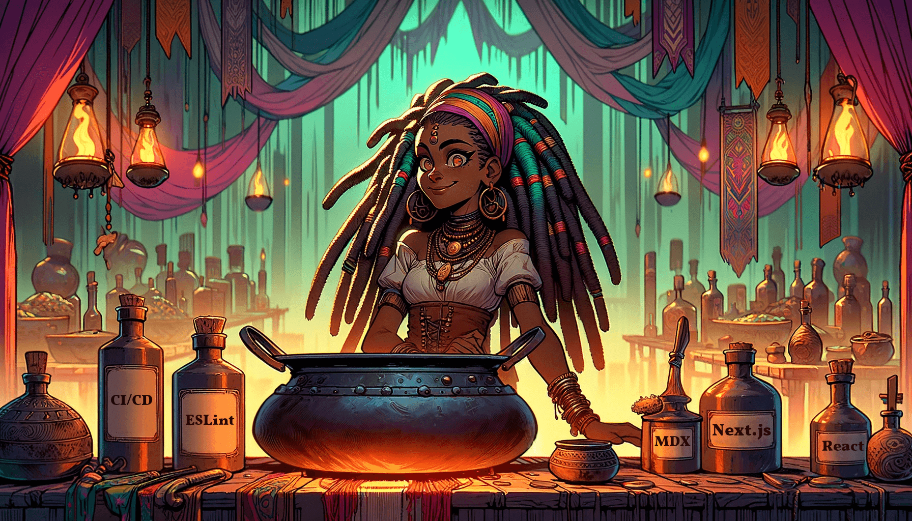 voodoo lady mixing potions in a big cauldron, it represents a dev using different packages like Next.js 15 and React 19 to build an MDX static first starterkit