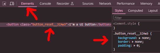 chrome dev tools elements tab showing how CSS modules class names look after compilation