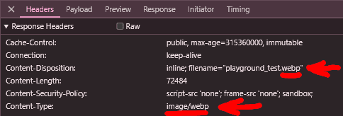 Content-Disposition and Content-Type headers for a webp image