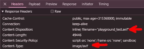 Content-Disposition and Content-Type headers for an avif image