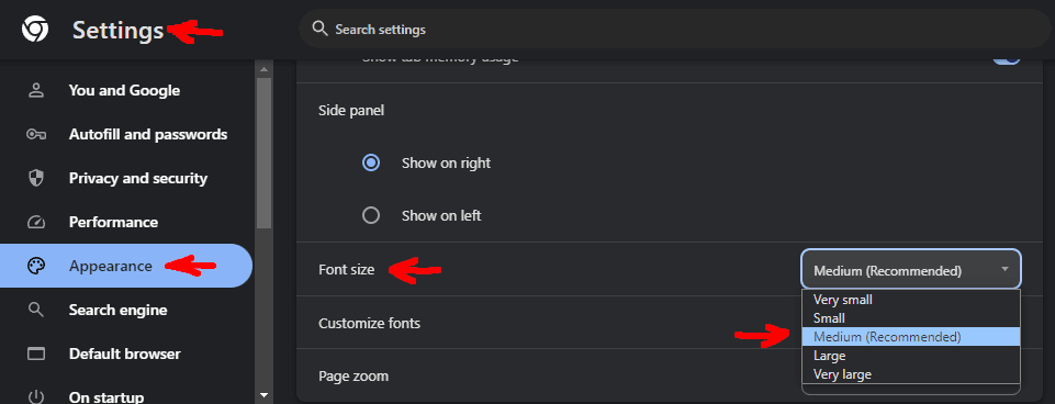 chrome settings appearance menu to change the default font-size