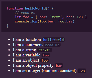 the result when using rehype pretty code for a code block and some inline code examples