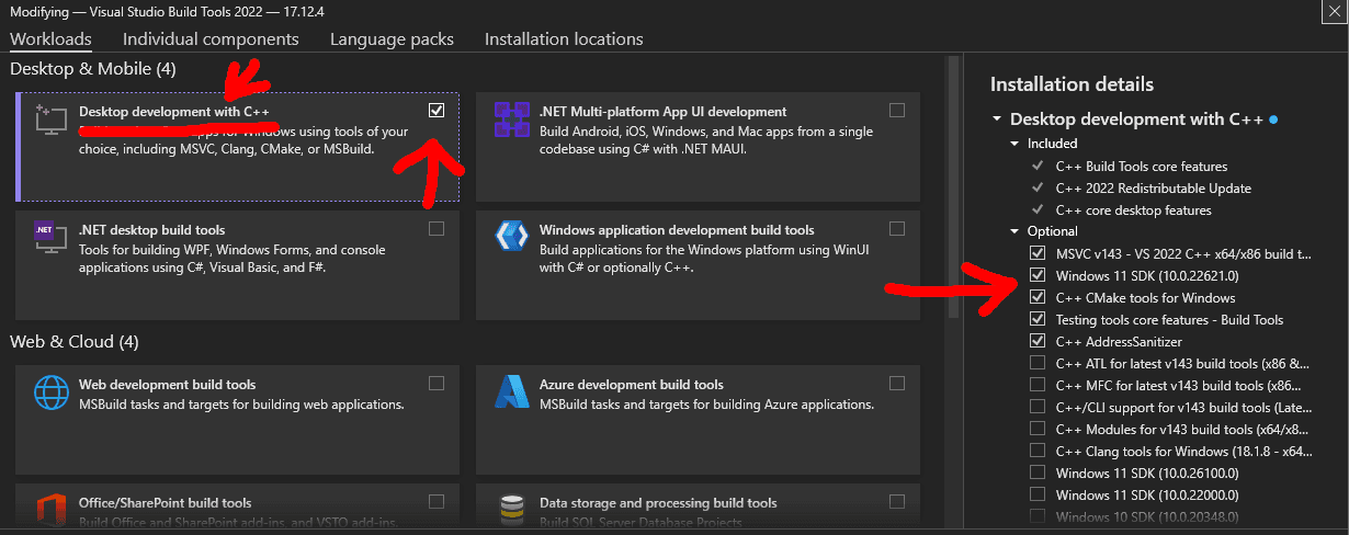 visual studio installer panel in which you need to select the Desktop development with C++ and then click the install button