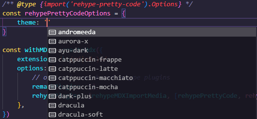 rehype-pretty-code configuration options autocomplete because we added the types