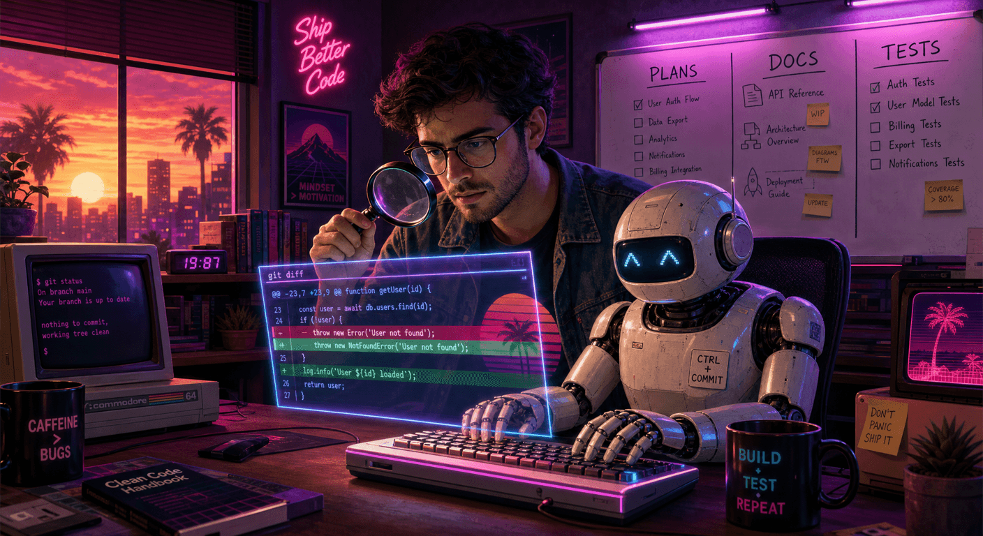 a developer reviewing a glowing holographic code diff with a magnifying glass while a robot types code on a keyboard, next to a whiteboard with three columns labeled plans, docs and tests