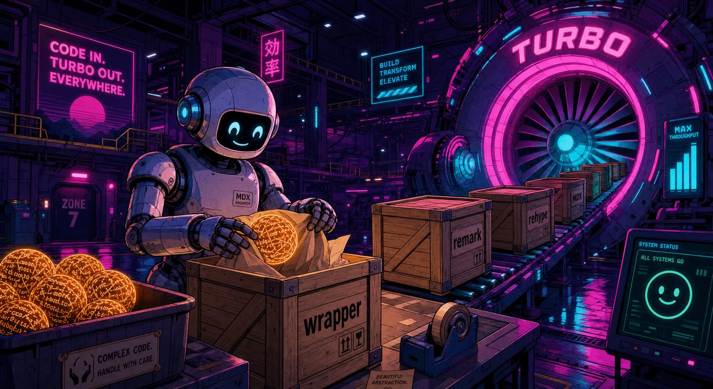 a friendly robot wrapping a glowing ball of code into a wooden crate labeled wrapper, next to a conveyor belt that moves crates labeled remark, rehype and MDX into a giant neon turbo turbine