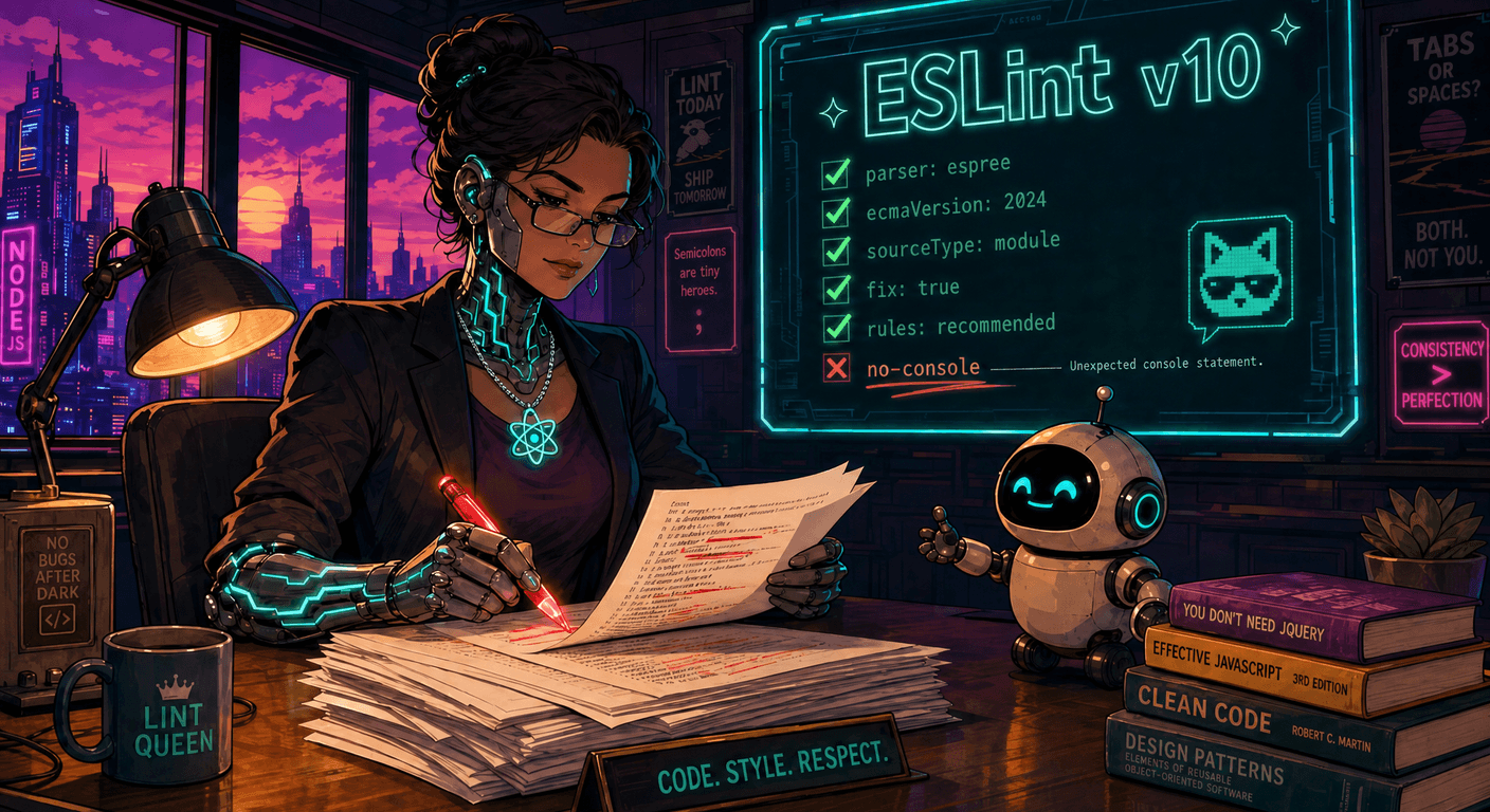 a cyborg teacher grading code printouts with a glowing red pen while a small robot assistant hands her pages, next to a holographic board that reads ESLint v10