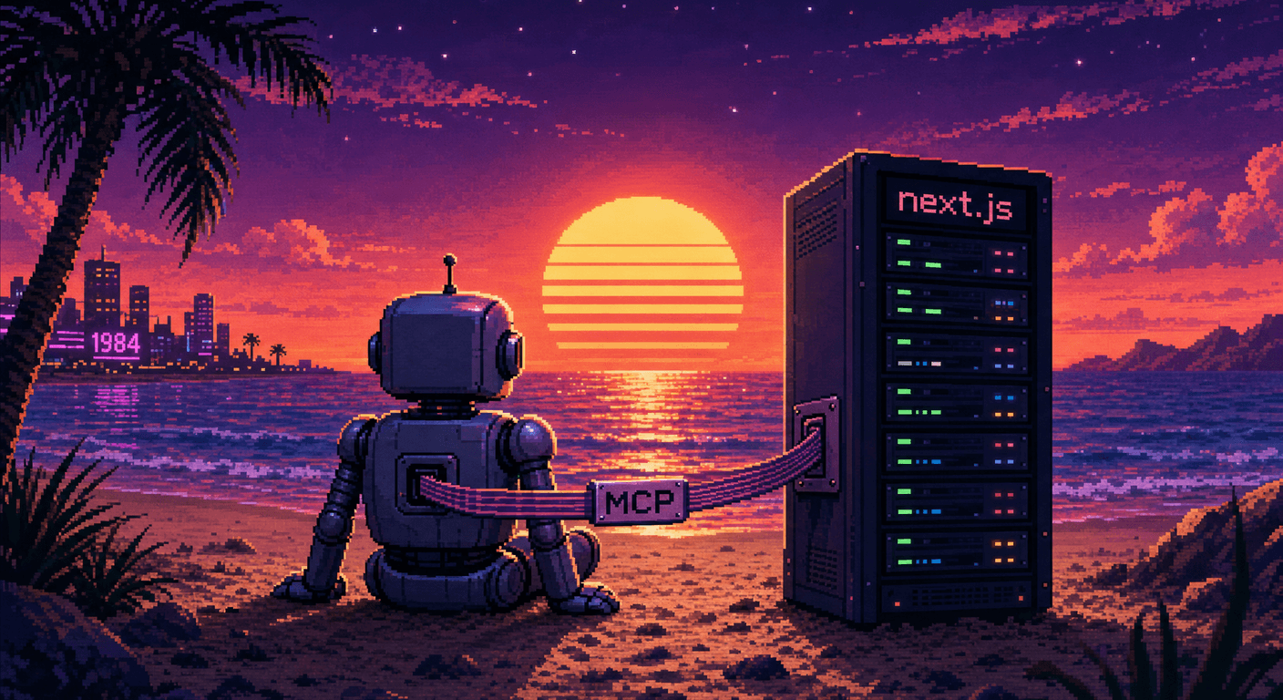 a pixel art scene of a happy robot and a next.js server tower sitting side by side on a beach, watching a synthwave sunset, connected by a cable labeled MCP