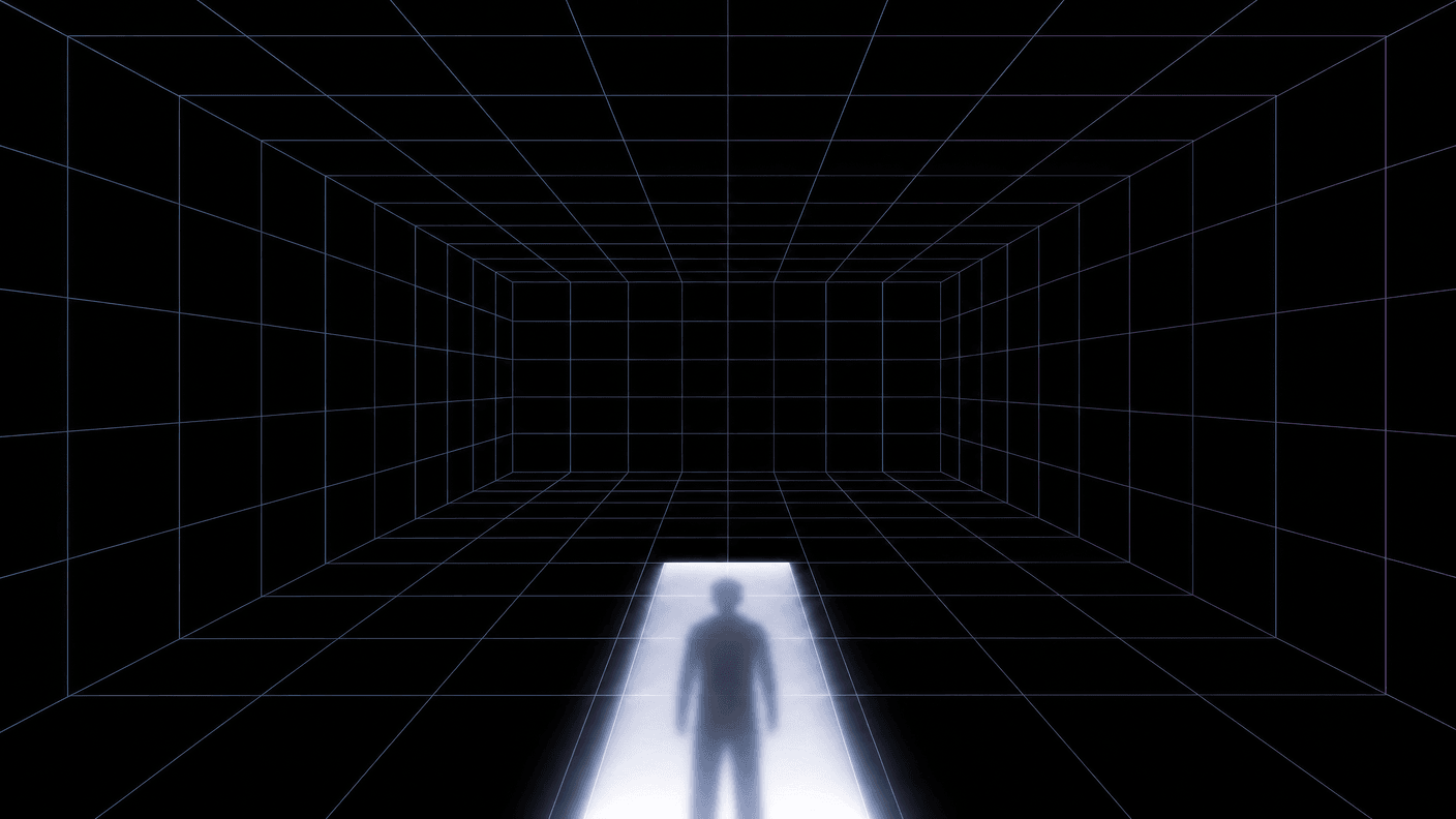 still from the animated HoloArcade beta trailer, the silhouette of a person standing in a bright doorway at the entrance of a dark holo-deck room made of glowing grid lines
