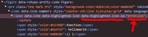 chrome dev tools element inspect showing the data-highlighted-line-id attribute with errorLine as value