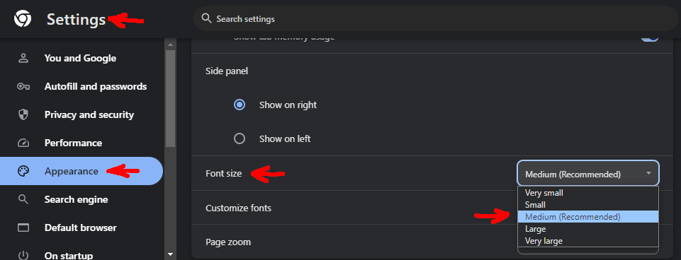 chrome settings appearance menu to change the default font-size