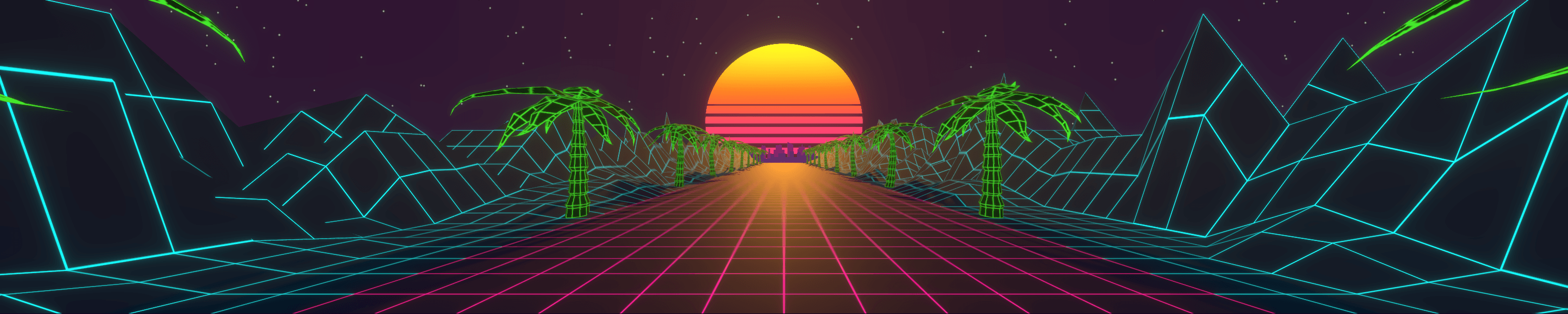Chris.lu header image, displaying an 80s style landscape and sunset
