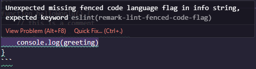 ESLint warning in VSCode: Unexpected missing fenced code language flag in info string