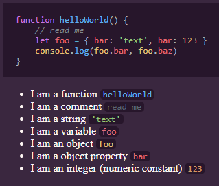 the result when using rehype pretty code for a code block and some inline code examples